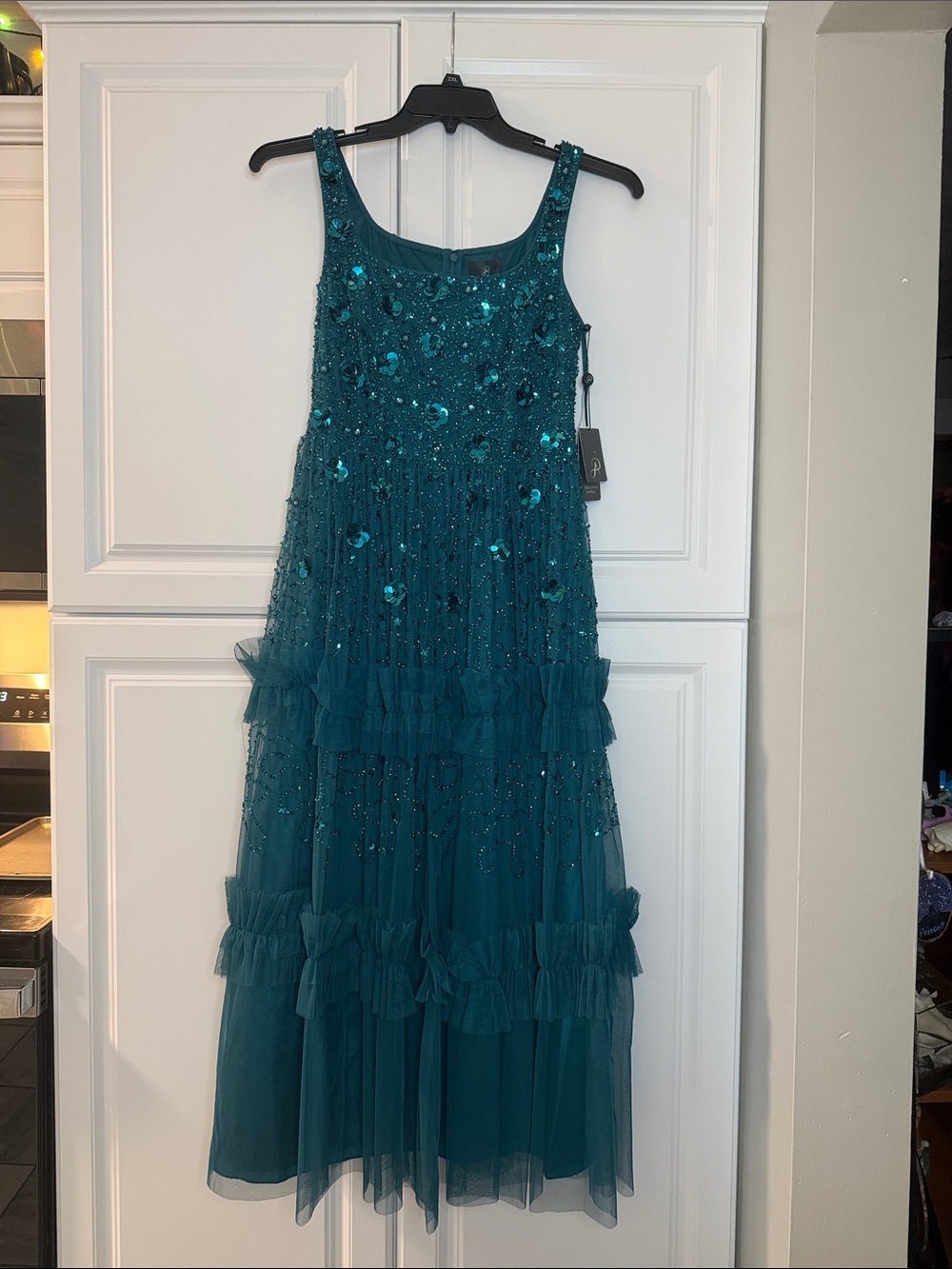 Adrianna Papell Teal Sequin Tiered Tulle Dress